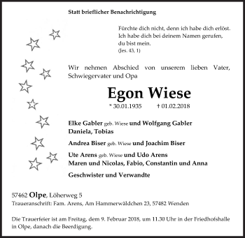 Traueranzeige von Egon Wiese von Siegener Zeitung