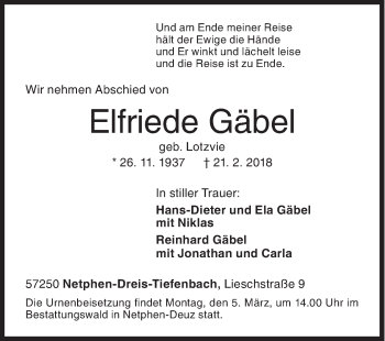 Traueranzeige von Elfriede Gäbel von Siegener Zeitung