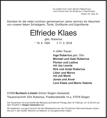 Traueranzeige von Elfriede Klaes von Siegener Zeitung