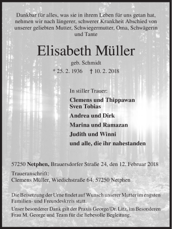 Traueranzeige von Elisabeth Müller von Siegener Zeitung