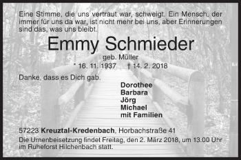 Traueranzeige von Emmy Schmieder von Siegener Zeitung