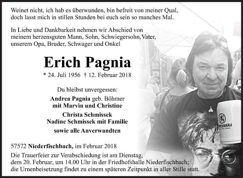  Traueranzeige für Erich Pagnia vom 15.02.2018 aus Siegener Zeitung