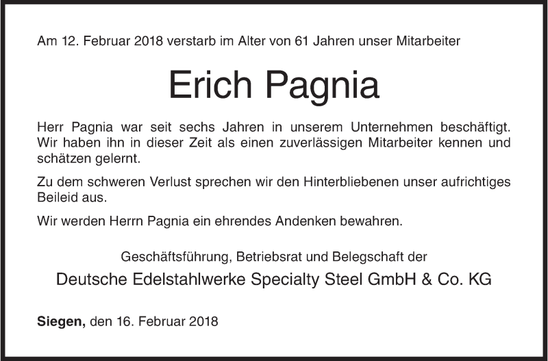  Traueranzeige für Erich Pagnia vom 16.02.2018 aus Siegener Zeitung