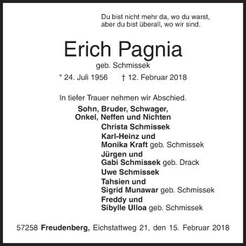 Traueranzeige von Erich Pagnia von Siegener Zeitung