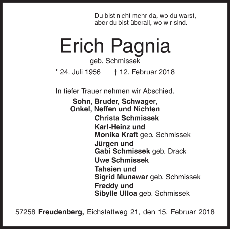  Traueranzeige für Erich Pagnia vom 15.02.2018 aus Siegener Zeitung