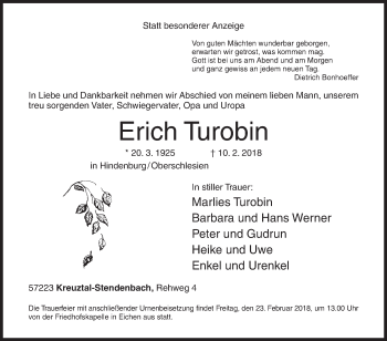 Traueranzeige von Erich Turobin von Siegener Zeitung