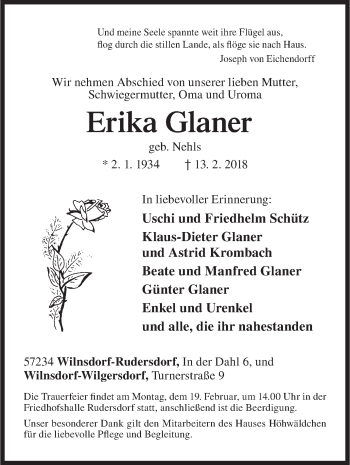 Traueranzeige von Erika Glaner von Siegener Zeitung