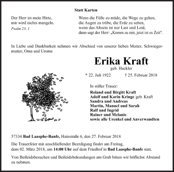 Traueranzeige von Erika Kraft von Siegener Zeitung