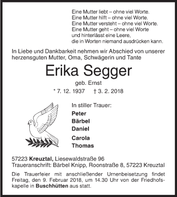 Traueranzeige von Erika Segger von Siegener Zeitung