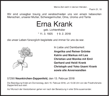 Traueranzeige von Erna Krank von Siegener Zeitung