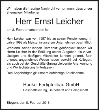 Traueranzeige von Ernst Leicher von Siegener Zeitung
