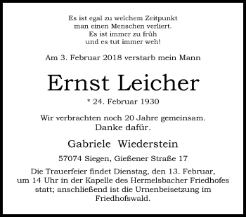 Traueranzeige von Ernst Leicher von Siegener Zeitung