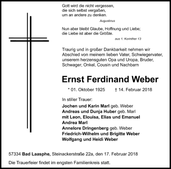 Traueranzeige von Ernst Ferdinand Weber von Siegener Zeitung