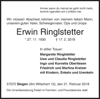Traueranzeige von Erwin Ringlstetter von Siegener Zeitung