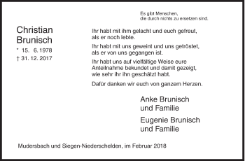 Traueranzeige von Eugenie Brunisch von Siegener Zeitung