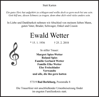 Traueranzeige von Ewald Wetter von Siegener Zeitung