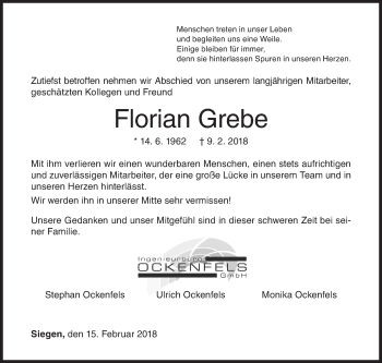 Traueranzeige von Florian Grebe von Siegener Zeitung