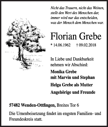 Traueranzeige von Florian Grebe von Siegener Zeitung
