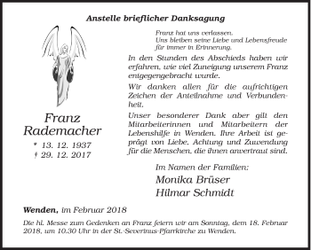 Traueranzeige von Franz Rademacher von Siegener Zeitung