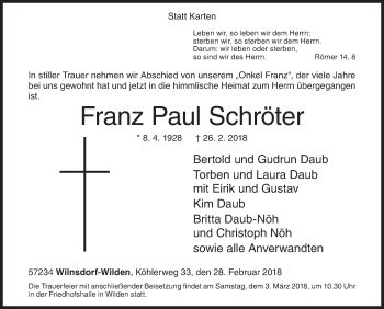 Traueranzeige von Franz Paul Schröter von Siegener Zeitung