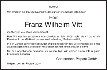 Traueranzeige von Franz Wilhelm Vitt von Siegener Zeitung