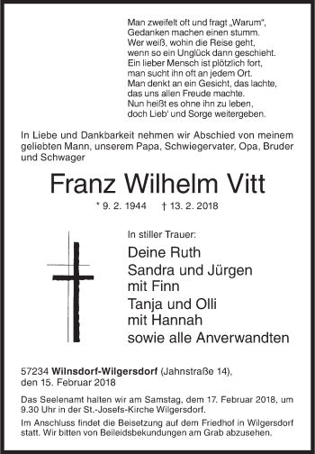 Traueranzeige von Franz Wilhelm Vitt von Siegener Zeitung