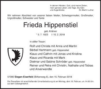 Traueranzeige von Frieda Hippenstiel von Siegener Zeitung