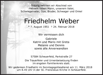 Traueranzeige von Friedhelm Weber von Siegener Zeitung