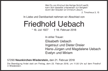Traueranzeige von Friedhold Uebach von Siegener Zeitung