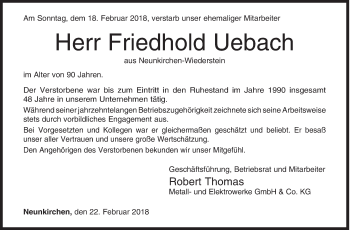 Traueranzeige von Friedhold Uebach von Siegener Zeitung