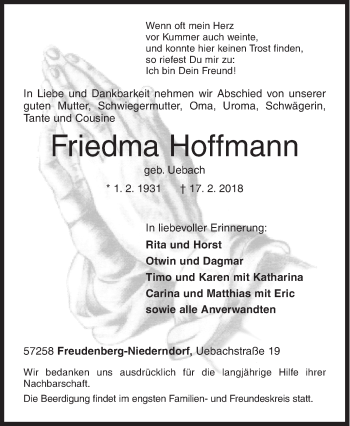 Traueranzeige von Friedma Hoffmann von Siegener Zeitung