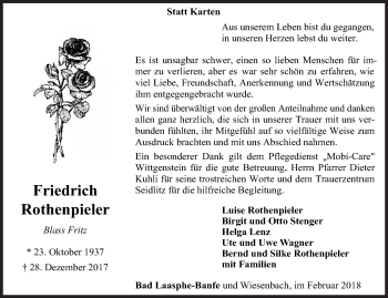 Traueranzeige von Friedrich Rothenpieler von Siegener Zeitung