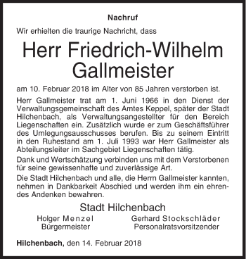 Traueranzeige von Friedrich-Wilhelm Gallmeister von Siegener Zeitung
