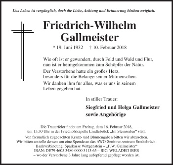 Traueranzeige von Friedrich-Wilhelm Gallmeister von Siegener Zeitung