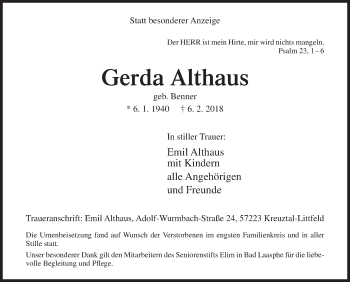 Traueranzeige von Gerda Althaus von Siegener Zeitung