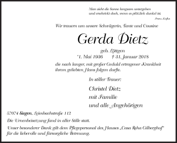Traueranzeige von Gerda Dietz von Siegener Zeitung
