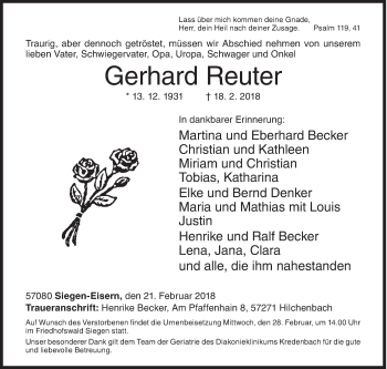 Traueranzeige von Gerhard Reuter von Siegener Zeitung