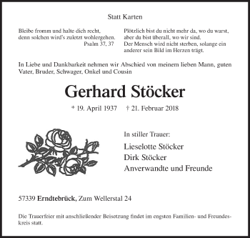 Traueranzeige von Gerhard Stöcker von Siegener Zeitung