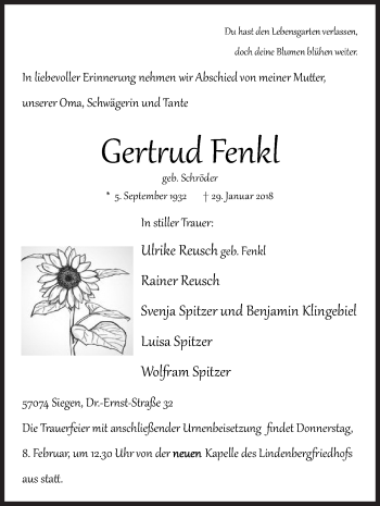 Traueranzeige von Gertrud Fenkl von Siegener Zeitung