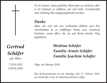 Traueranzeige von Gertrud Schäfer von Siegener Zeitung