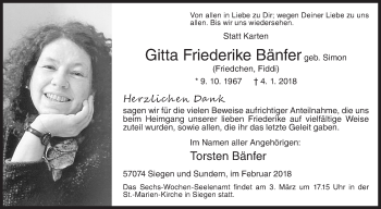 Traueranzeige von Gitta Friederike Bänfer von Siegener Zeitung