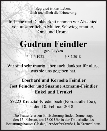 Traueranzeige von Gudrun Feindler von Siegener Zeitung