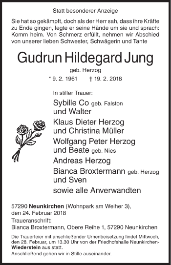 Traueranzeige von Gudrun Hildegard Jung von Siegener Zeitung