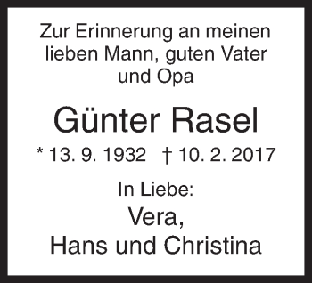 Traueranzeige von Günter Rasel von Siegener Zeitung