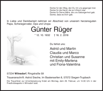Traueranzeige von Günter Rüger von Siegener Zeitung