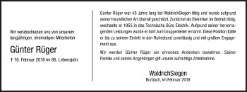Traueranzeige von Günter Rüger von Siegener Zeitung