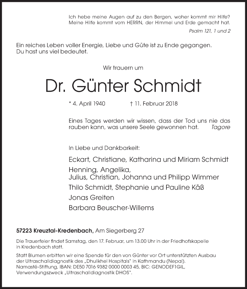  Traueranzeige für Günter Schmidt vom 14.02.2018 aus Siegener Zeitung
