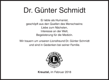 Traueranzeige von Günter Schmidt von Siegener Zeitung