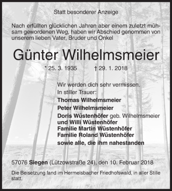 Traueranzeige von Günter Wilhelmsmeier von Siegener Zeitung
