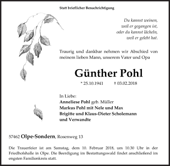 Traueranzeige von Günther Pohl von Siegener Zeitung